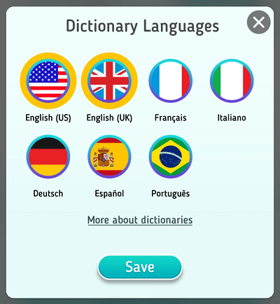 Screenshot of the dictionary languages in Scrabble Go